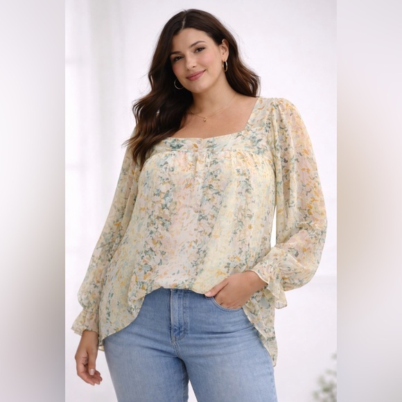 LC Lauren Conrad Tops - LC Lauren Conrad Floral Boho Blouse size XXL Sheer Long Sleeve Peasant Top(A465)